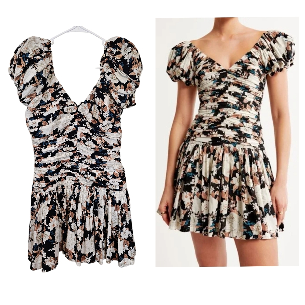 Abercrombie & Fitch Drama Puff Sleeve Floral Ruched Waste Mini Dress